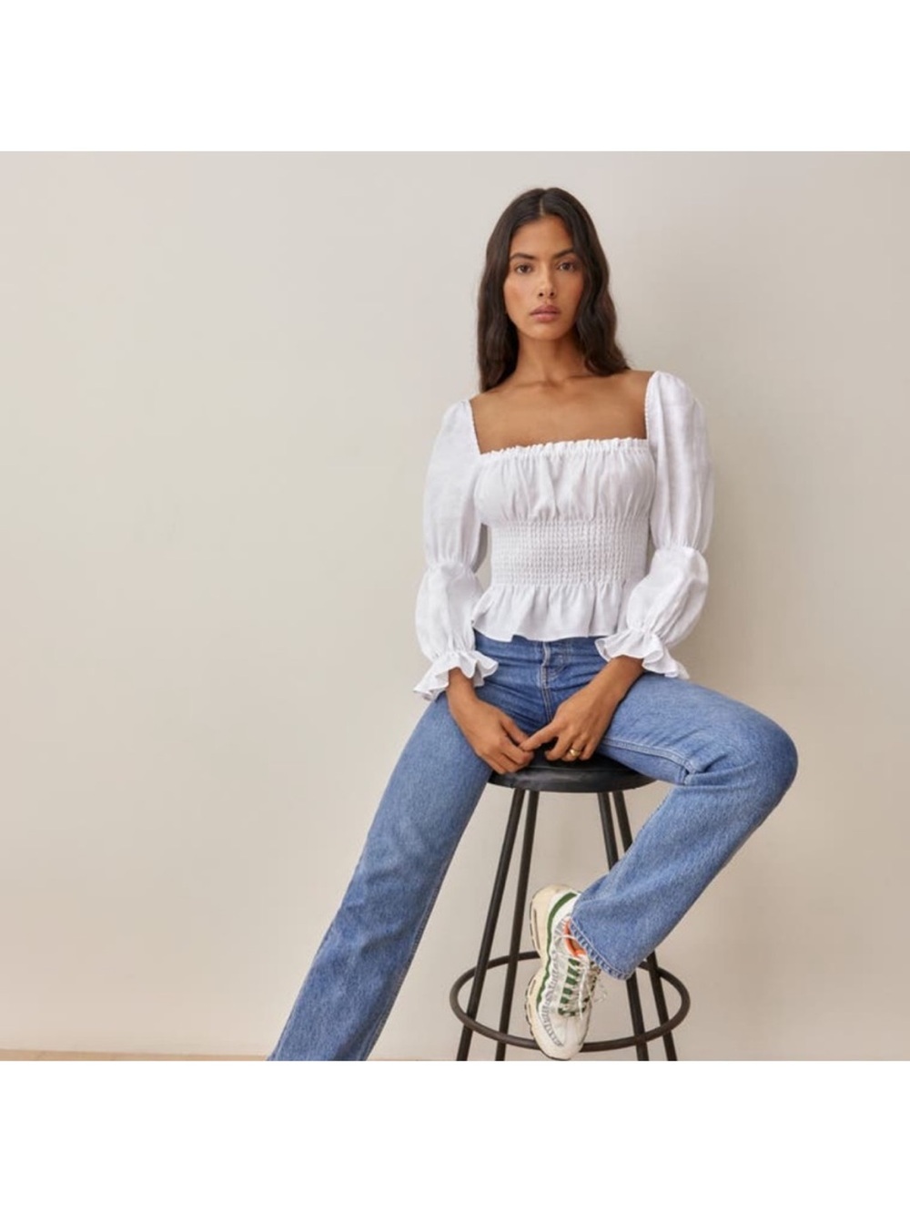 Reformation Oak Grove White Linen Puff Sleeve Square Neck Top Size Medium